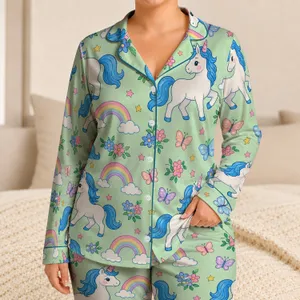 Whimsical Unicorn Rainbows for Dreamy Nights and Colorful Lounging, Women's Plus Size Satin Pajamas Set
