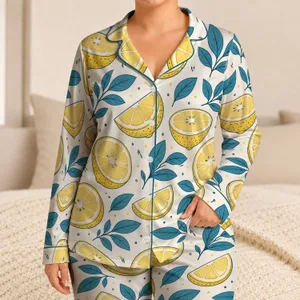 Lemon Slices And Blue Leaves For Sunny Beach Days, Summer Vacation, And Resort Style Satin Pajamas Set