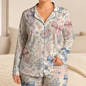 Pastel Bow Floral Patchwork for Cozy Lounging, Sleepovers, and Feminine Gift Giving Satin Pajamas Set