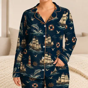 Vintage Nautical Sailboats and Dolphins for Coastal Lounging, Seaside Travel and Gifts Satin Pajamas Set