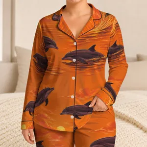 Bottlenose Dolphin Sunset Ocean Scene for Relaxed Coastal Lounging and Beach Lovers Satin Pajamas Set
