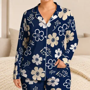 Midnight Navy Ivory Botanical Florals for Cozy Lounging and Relaxed Home Style Wear Satin Pajamas Set