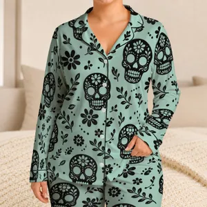 Mint Sugar Skulls and Folk Flowers for Cozy Lounging and Dia de los Muertos Gifting Satin Pajamas Set