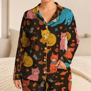 Colorful Cat And Fish Motif Lounge Style For Cozy Nights, Sleepovers And Weekends Satin Pajamas Set