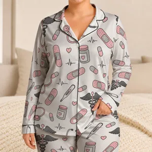 Medical Care Icons for Nurses, Doctors and Healthcare Workers, All Season Lounge Wear Satin Pajamas Set