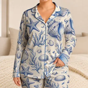 Coastal Shells And Starfish Ocean-Inspired Comfort For Beach Lovers, Women At Home Satin Pajamas Set