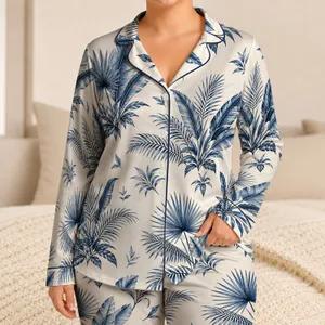 Navy Palm Leaf Tropical Foliage Resort Loungewear for Relaxed Beach Getaways and Vacations Satin Pajamas Set