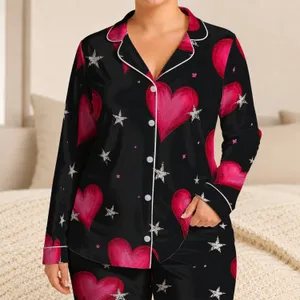 Raspberry Pink Hearts and Silver Stars for Cozy Nights, Date Nights, and Lounging Satin Pajamas Set