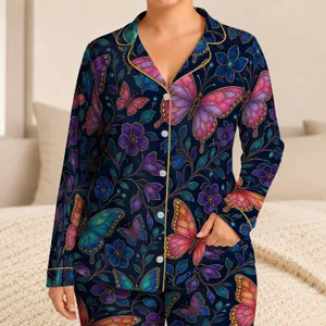 Stained Glass Butterfly Midnight Garden Lounge Wear For Relaxed Nighttime Comfort At Home Satin Pajamas Set