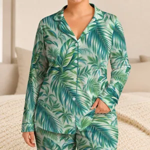 Mint Green Tropical Palm Fronds for Beach Vacations and Resort Lounging, Women, Plus Size Satin Pajamas Set