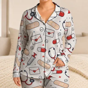 Medical Heart And Stethoscope Icons For Healthcare Fans, Nurses, And Cozy Lounging Satin Pajamas Set