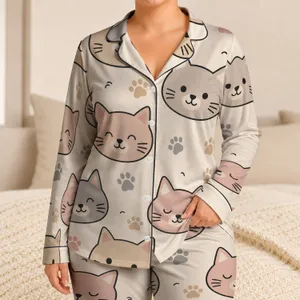 Cute Cat Faces and Paw Icons for Cozy Lounging, Relaxed Home Comfort, Cat Lovers Satin Pajamas Set