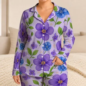 Purple Floral Lavender Botanical Blooms for Relaxed Summer Lounging and Weekend Wear Satin Pajamas Set