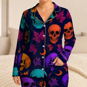 Colorful Halloween Skull Maple Leaf Motifs for Cozy Loungewear and Festive Gifts Satin Pajamas Set