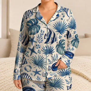 Ocean Fish Starfish Seashells Tropical Leaves Coastal Resort Style Gift For Beach Lovers Satin Pajamas Set