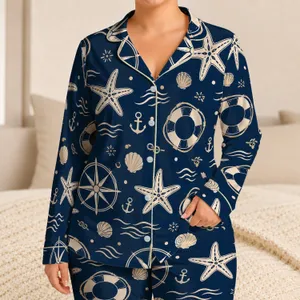 Nautical Compass Starfish And Life Ring Motifs For Seaside Summer Gifts For Coastal Lovers Satin Pajamas Set