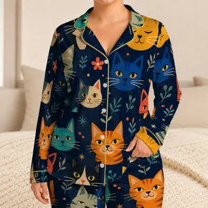 Colorful Geometric Cat Faces for Cozy Lounging and Gift Giving, Women's Casual Style Satin Pajamas Set