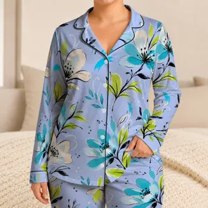 Abstract Botanical Ink Blue Vacation Comfort For Relaxed Summer Getaways, Women Travelers Satin Pajamas Set