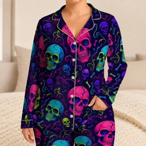 Gothic Neon Skull Halloween Lounge Style For Spooky Nights And Cozy Gift Ideas For Adults Satin Pajamas Set