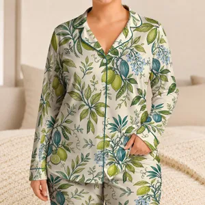 Tropical Botanical Fruit Garden with Teal Pods for Vacation Travel Lounge Style Women Satin Pajamas Set
