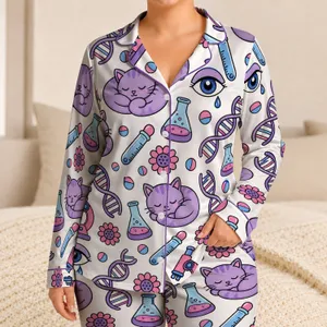 Science Kitten Microscope DNA Eye Motifs for Cozy Bedtime Sleep Gift for Women Adults Satin Pajamas Set