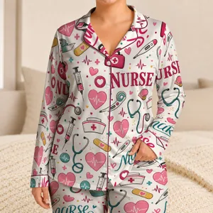 Nurse Hearts Stethoscopes and ECG Motifs for Cozy Hospital Shift Lounging, Women Satin Pajamas Set
