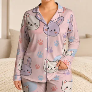 Lavender Bunny Cat Faces Cozy Loungewear for Relaxing at Home and Weekend Travel Satin Pajamas Set