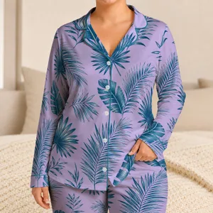 Teal Blue Palm Fronds on Lavender Tropical Beach Vacation Lounge Style for Women Satin Pajamas Set