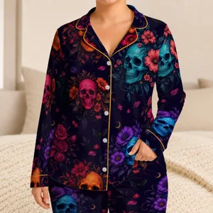 Gothic Skull Roses Halloween Comfort Style for Women, Neon Floral Midnight Look Satin Pajamas Set