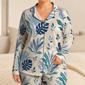 Blue Botanical Leaves Ivory Tropical Foliage Lounge Wear for Vacation Relaxation Satin Pajamas Set