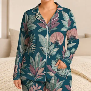 Tropical Botanical Leaves, Vintage Color Block Style for Summer Lounging, Casual Women Satin Pajamas Set