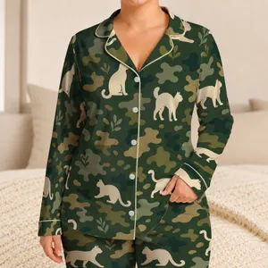 Cream Cat Camouflage Motif For Cozy Nights, Weekend Lounging, And Cat Lovers, Any Season Satin Pajamas Set