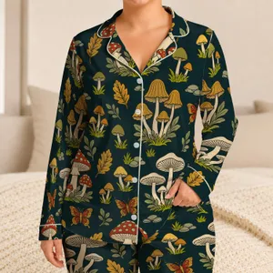Mushroom Butterfly Botanical Folk Art for Cozy Lounging and Weekend Home Relaxation Satin Pajamas Set