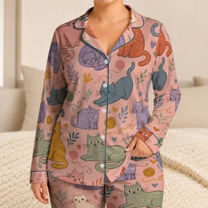 Vintage Cat Lovers Lounge Style For Cozy Evenings, Relaxed Home Days, And Gifting Satin Pajamas Set