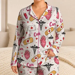 Healthcare Hearts And Bandages For Cozy Lounging, Giftable Caregiver Style At Home Satin Pajamas Set