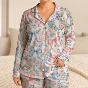 Pastel Bows And Florals With Gingham Checks For Cozy Lounging And Gift Giving For Women Satin Pajamas Set