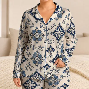 Mediterranean Blue Floral Tile Motifs For Relaxed Lounging, Travel, And Coastal Getaways Satin Pajamas Set