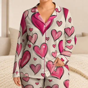 Pink Heart Wide Leg Bottoms For Summer Sleep, Travel And Casual Plus Size Lounge Style Satin Pajamas Set
