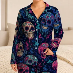 Sugar Skull Midnight Navy Halloween Lounge Style For Women Teens Adults And Gifts Satin Pajamas Set