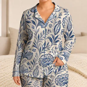 Indigo Botanical Blooms And Fan Leaves For Serene Everyday Gifting And Home Lounging Satin Pajamas Set