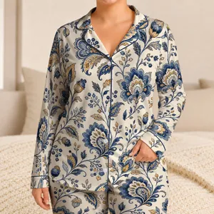 Indigo Botanical Paisley Floral Motif For Cozy Lounging And Relaxed Home Comfort Season Satin Pajamas Set