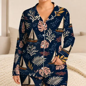 Nautical Sailboat Coral Leaf Coastal Motif for Relaxed Resort Lounging and Gifting Satin Pajamas Set