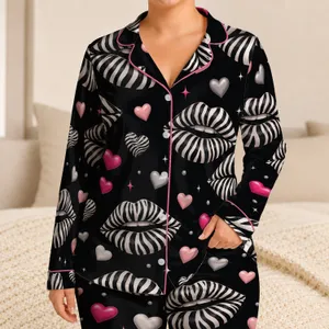 Zebra Lips And Hearts Black Pink Style For Romantic Nightlife Lounging And Gifting Satin Pajamas Set