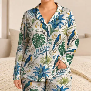 Blue Tropical Birds and Monstera Leaves for Relaxed Resort Lounging Women at Home Satin Pajamas Set