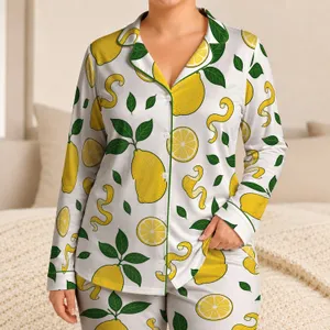 Yellow Lemon Fruit And Green Leaf Citrus Motif For Summer Vacation Gifts For Women Satin Pajamas Set