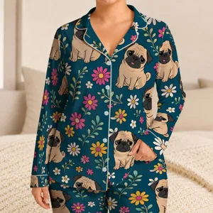 Fawn Pug Floral Meadow Motifs for Cozy Lounging and Relaxed Weekend Style Lovers Satin Pajamas Set