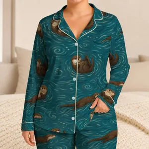 Lake Teal Otter Ripple Water Scene For Cozy Lounging And Relaxed Everyday Comfort Satin Pajamas Set