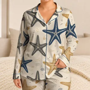 Starfish Coastal Motif for Relaxed Seaside Lounging, Women’s Everyday Navy Ochre Style Satin Pajamas Set