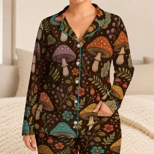 Retro Mushroom Forest Garden, Whimsical Woodland Style for Cozy Everyday Lounging Satin Pajamas Set