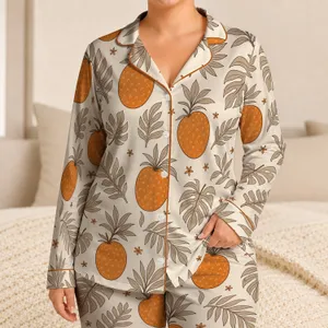 Burnt Orange Tropical Fruit And Taupe Leaf Botanical Motif For Beach Vacation Style Satin Pajamas Set